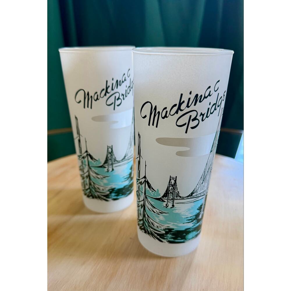 2 Vintage MACKINAC BRIDGE Frosted Souvenir BARWARE GLASSES 6½" tall Michigan